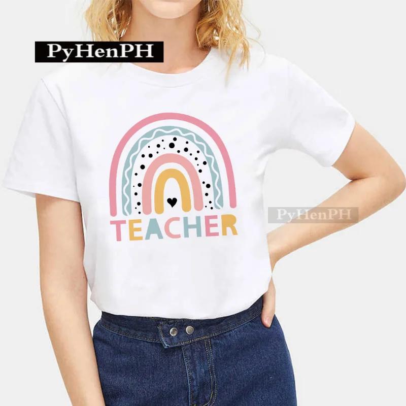 Trendy Rainbow Teacher Design Sense Short Sleeve T-shirt Men's Women's Large Size Crewneck for Boys Girls Children