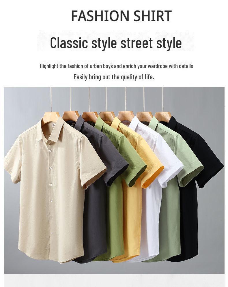 Men's Summer Heavyweight White Short-Sleeve Cotton Shirt - Solid Color Casual Lapel Design
