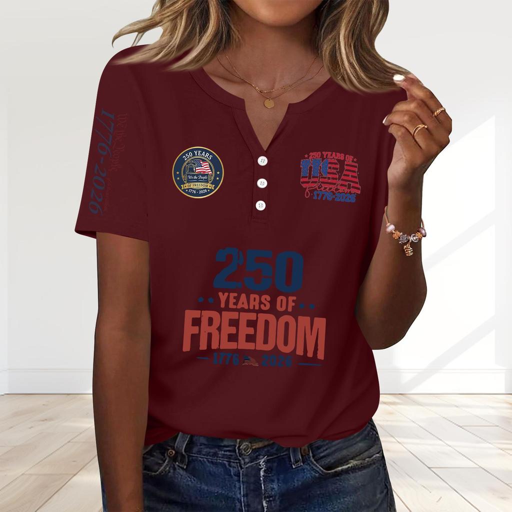 Women's Fashion Casual 250th Anniversary Independence Day Print V-Neck Short Sleeve Decorated Button-Up T-Shirt