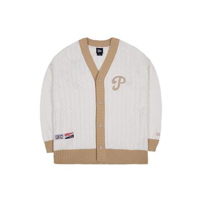 New Era MLB Series Color Block Trim Single-Breasted V-Neck Knitted Cardigan Sweater Unisex Sweater Ivory 13559741