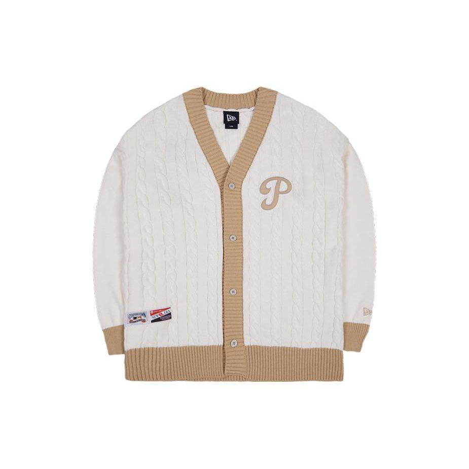 New Era MLB Series Color Block Trim Single-Breasted V-Neck Knitted Cardigan Sweater Unisex Sweater Ivory 13559741