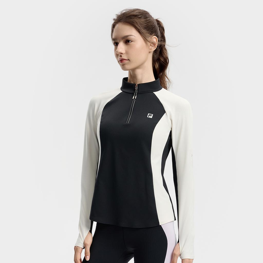 FILA Fitness Casual Simple Versatile Elastic Comfortable Spliced Half-Zip Knitted Long Sleeve T-Shirt Women Tops A11W541205FBK
