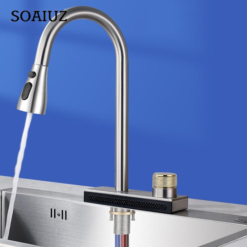 Stainless Steel Faucet Pull-Out Type for Kitchen Sink Hot and Cold Water Non-Digital 1/2 Inch Pipe Rainfall Waterfall Water Tap Accessories