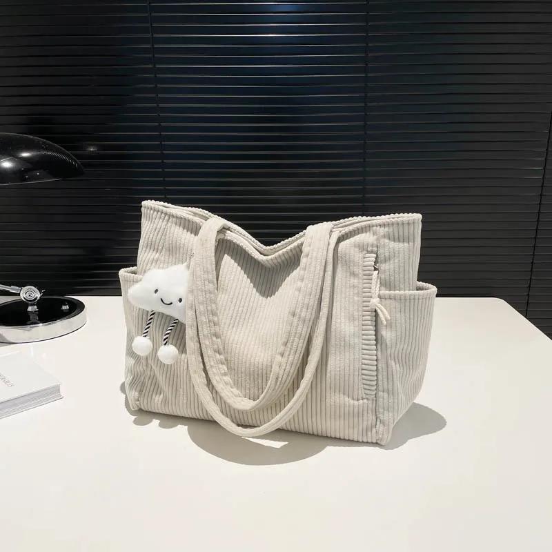 Large Capacity Women's Casual Tote Bag Vintage Corduroy Ladies Shoulder Bags Solid Color Female Portable Shopping Handbags