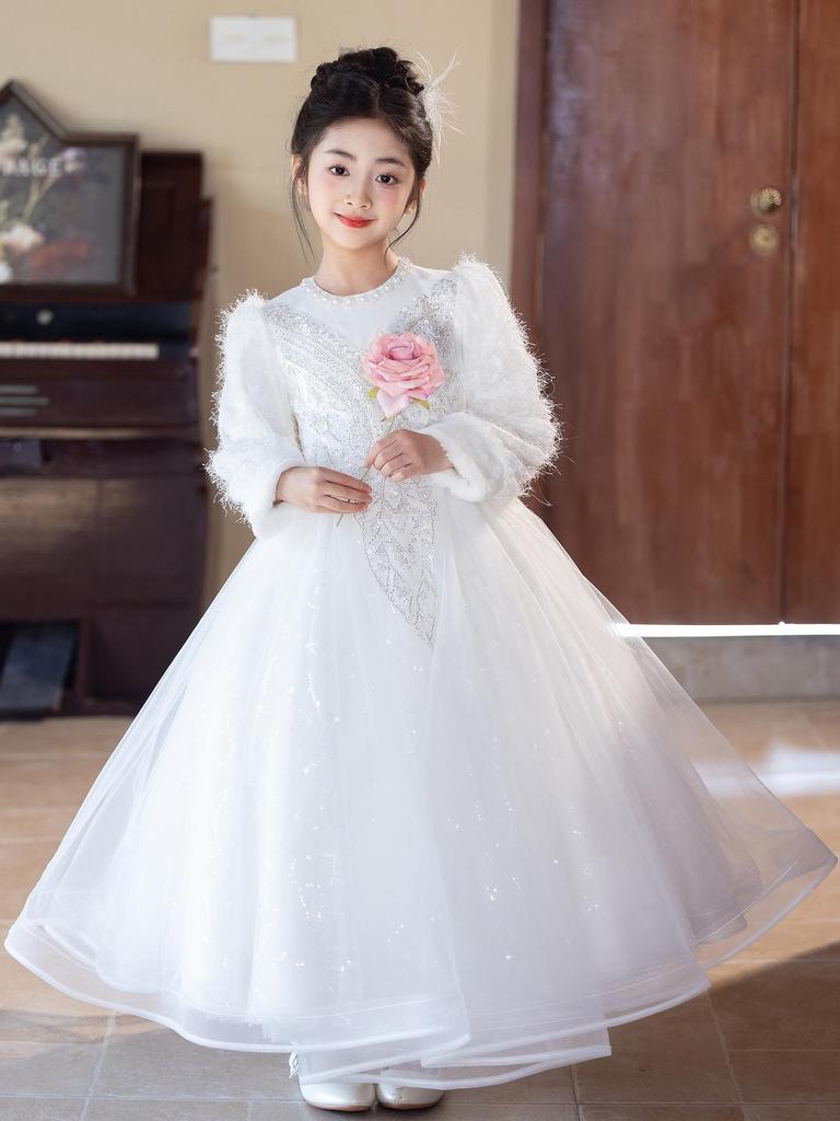 Girls' Luxury Formal Autumn/Winter Princess Dress - High-End Flower Girl Dress for Birthdays, Weddings, and Special Occasions.