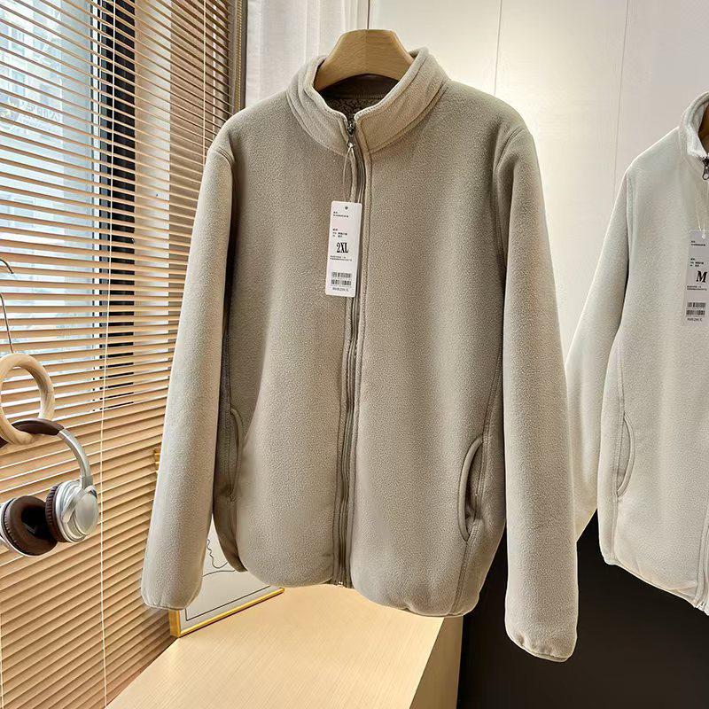Unisex Retro Fleece Thickened Jacket with Stand Collar and Zipper - Autumn Winter Style