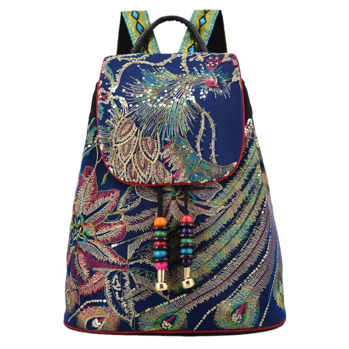 1Pc Ethnic Style Embroidered Backpack Versatile Commuter Ladies Canvas Travel Backpack The Elderly Student Bucket Backpack