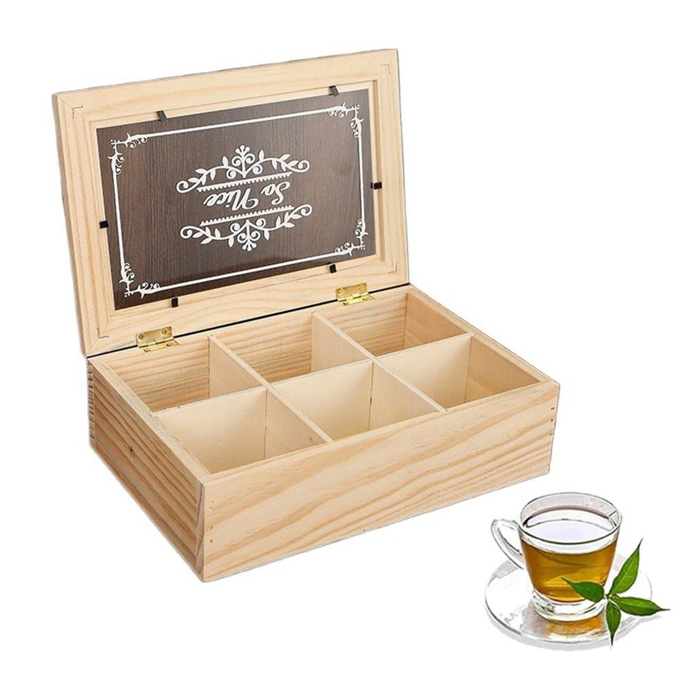 

6 Grids Tea Bag Holder with Clear Lid Jewelry Display Case Wooden Tea Box Home Cabinet