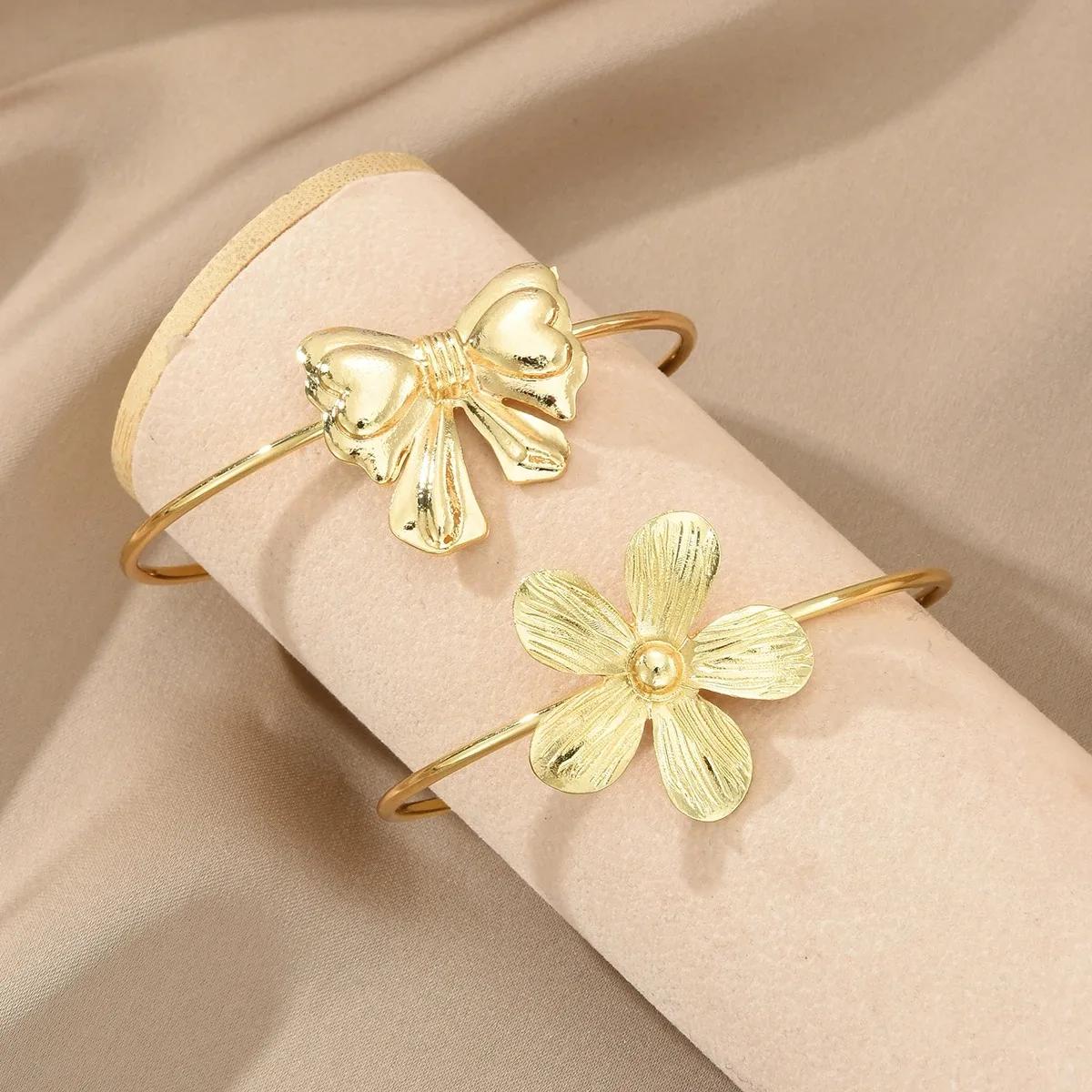 

2Pcs/set Elegant Flower&Bowknot Gold Color Bangle for Women Exquisite Waterproof Open Cuff Bracelets Sets Wedding Party Jewelry
