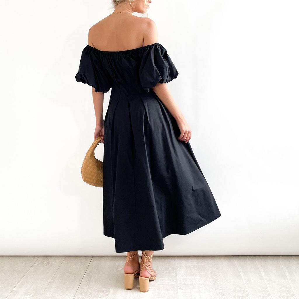 Modisches, einfarbiges, einzeiliges, luftiges Kurzarmkleid mit Plissierung und hoher Taille für Damen