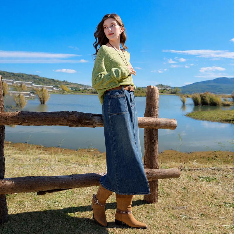 Sancai 2026 Spring Denim High-Waist Slit Skirt