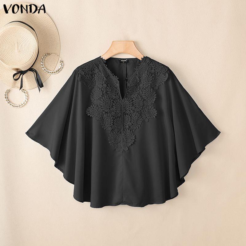 VONDA Summer Women V Neck 3/4 Batwing Sleeve Lace Crochet Casual Loose Blouse