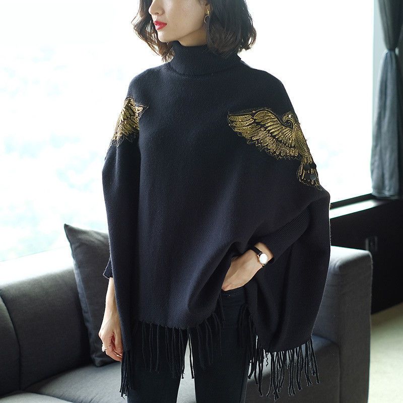 High Neck Bat Sleeve Knitted Sweater Poncho Women 2022Autumn and Winter New South Korean Loose Pullover Sweater Cape Female Coat