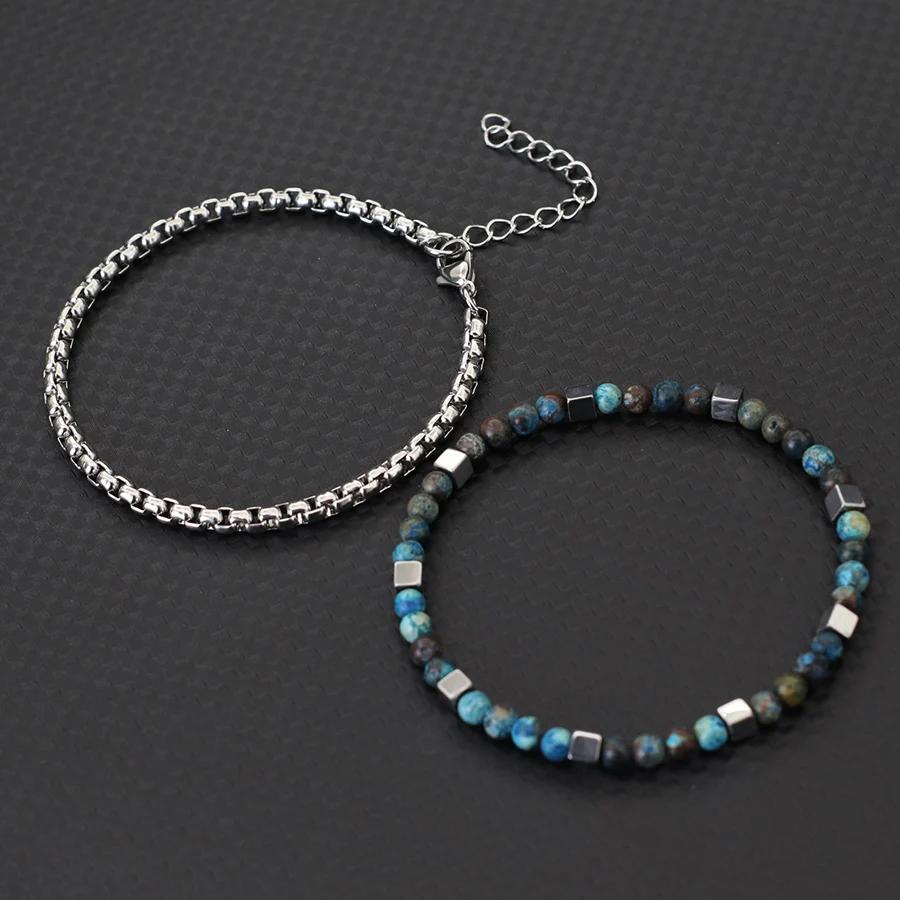 Fashion 2Pcs/Set Cuban Chain Bracelet With Stainless Steel 4mm Tiger Eyes Malachite Stone Strand Braslet Hiphop Rock Accessories
