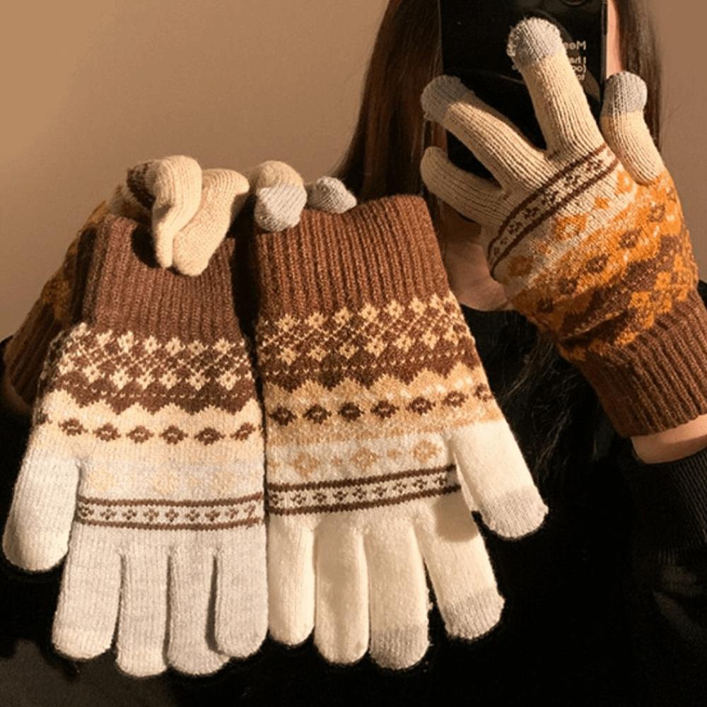 Soft Winter Knitted Gloves Fair Island Style Women Cycling Mittens Printed Wool Gloves  Girls