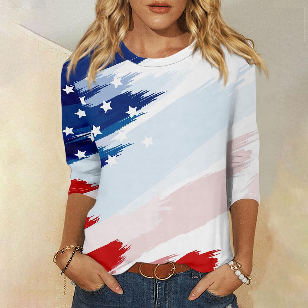 Damenmode, lässig, Rundhalsausschnitt, 3/4-Ärmel, lockeres bedrucktes T-Shirt, Damen-Top