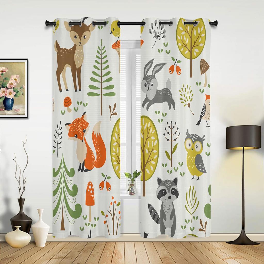 Animal Bird Fox Forest Winter Birch Tree Window Curtains Home Decor Living Room Curtains Kid's Room Cortinas For Kitchen Bedroom