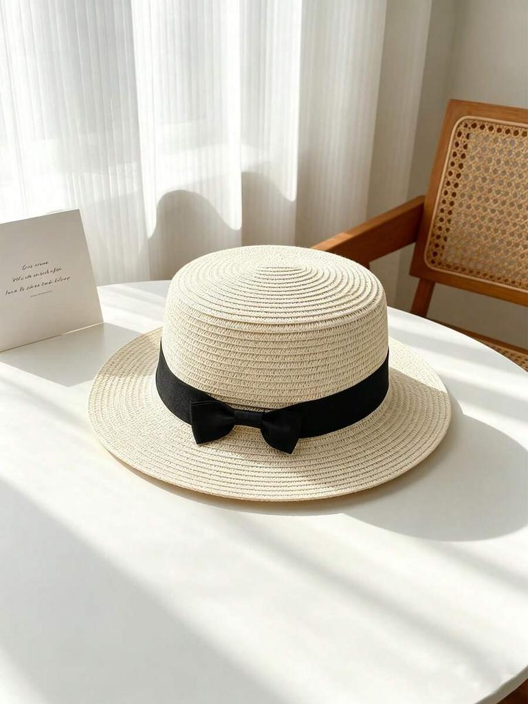 Womens Raffia Bow Sun Hat For Summer Beach Vacation Travel