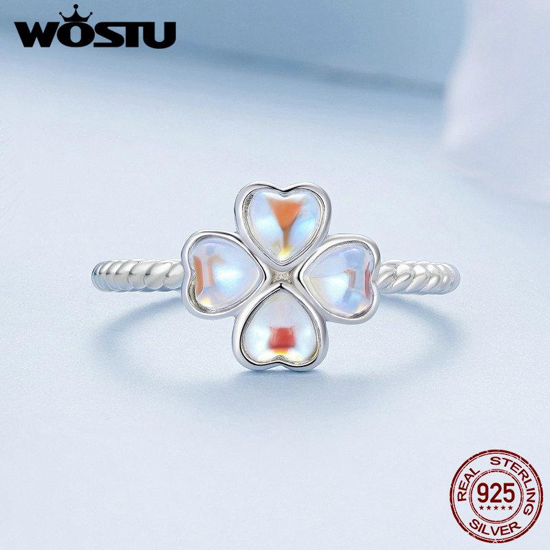WOSTU 925 Sterling Silver Rainbow Moonstone Four Leaf Clover Ring Women Shiny Open Lucky Rings Girl Party Birthday Jewelry Gift