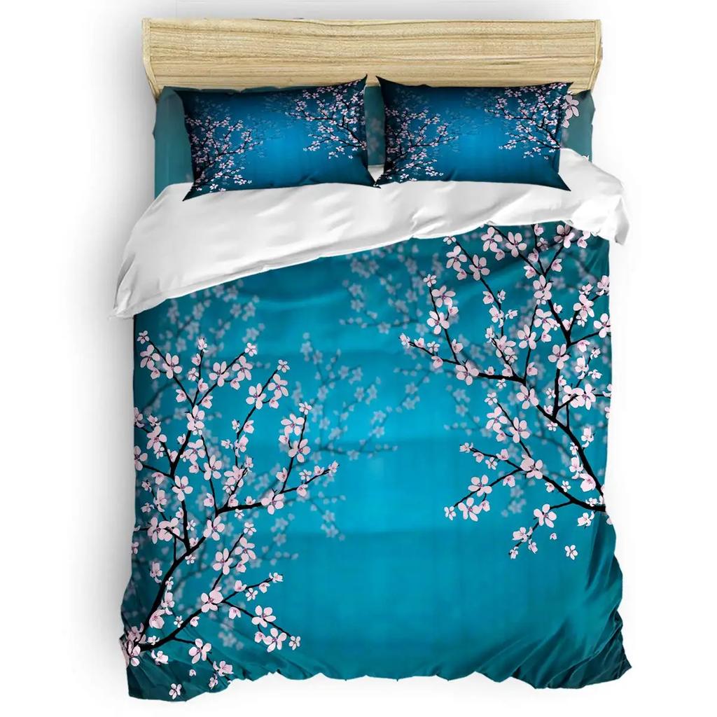 Japanese Duvet Cover Branch of  Flourishing Sakura Tree Cherry Blossoms Spring Theme Art Pink Decor Dark Brown for Women Gifts