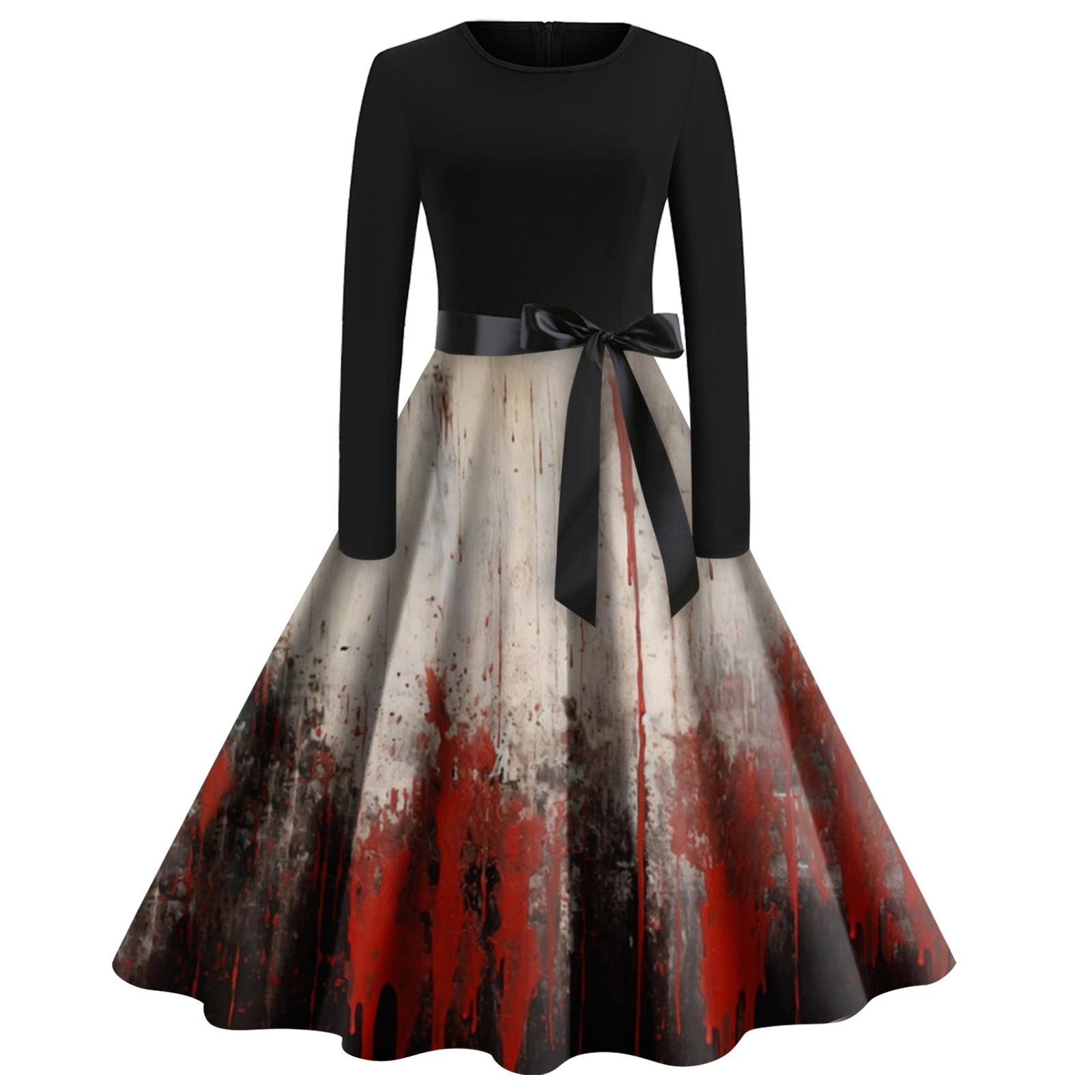 

Women Halloween Print Flare Dress Long Sleeve O-Neck Dress Party Casual Dresses XL