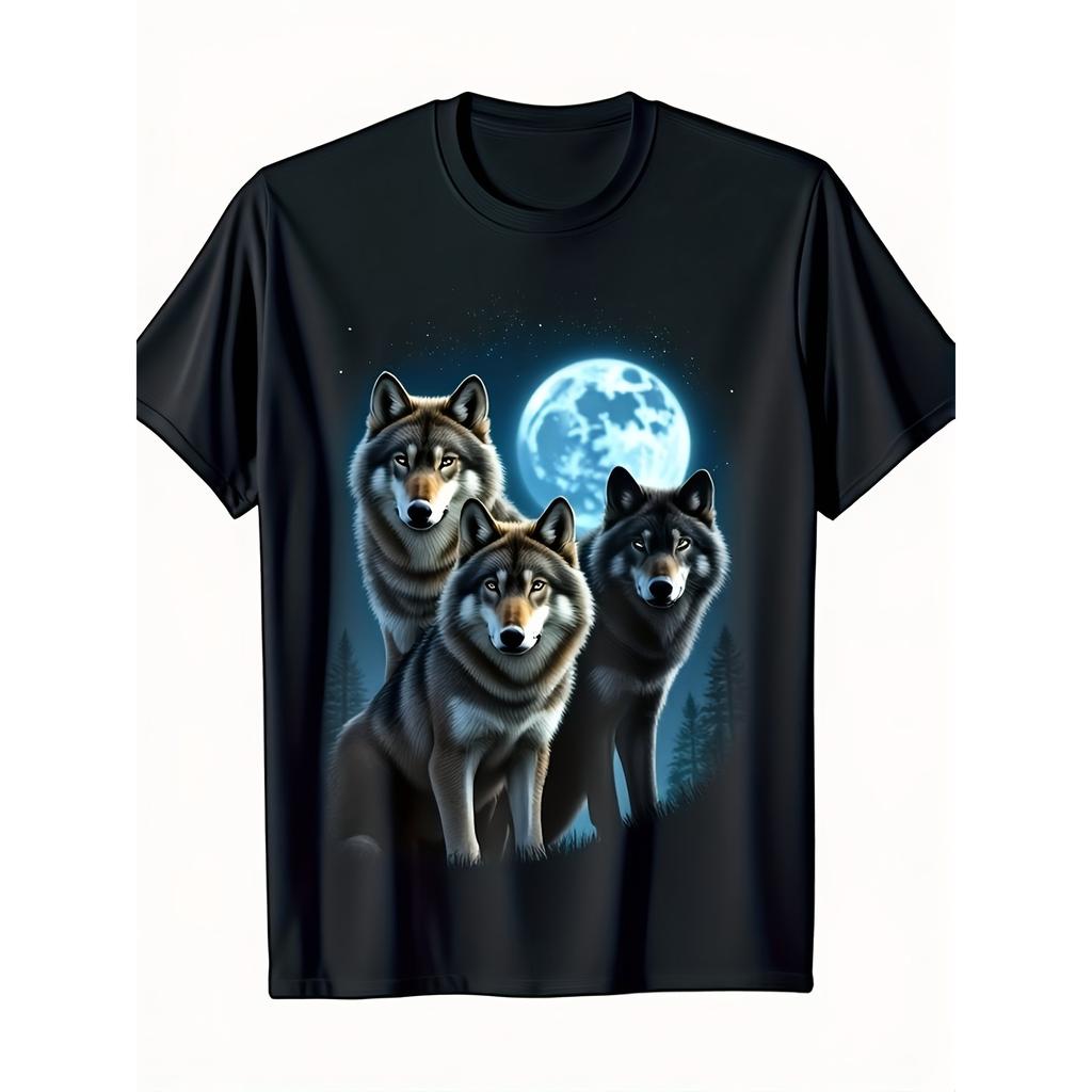 Majestic Three Wolves Under Full Moon Graphic Tee Men Casual Short Sleeve Crew Neck T-Shirt