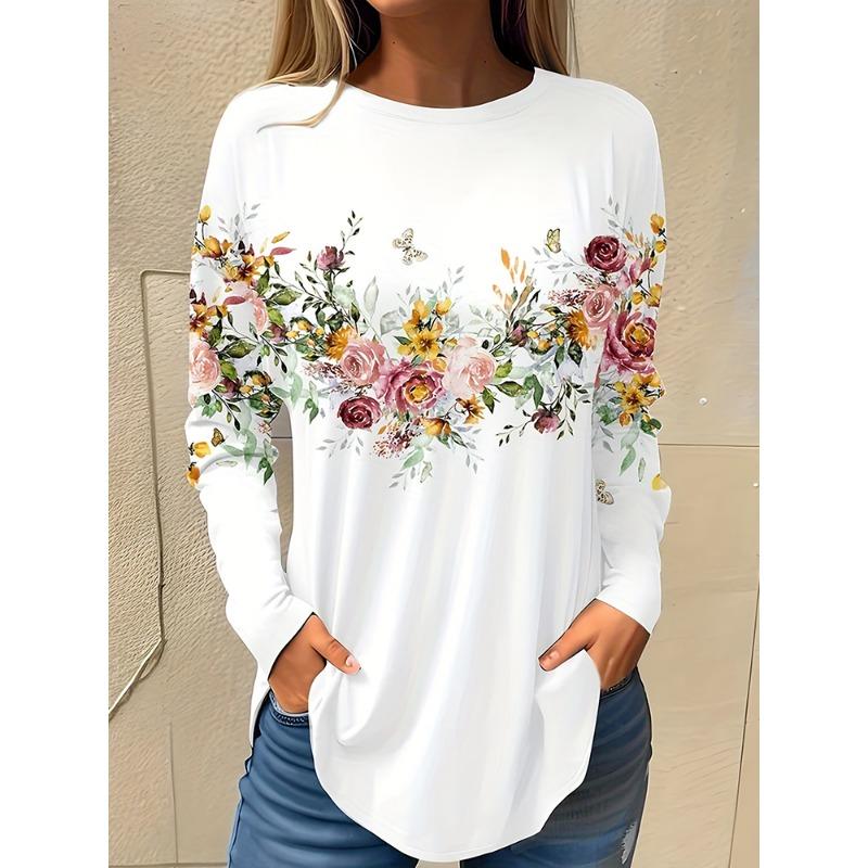 Boho Floral Wildflower Butterfly Long Sleeve Top for Ladies White Soft Casual Daily Wear S