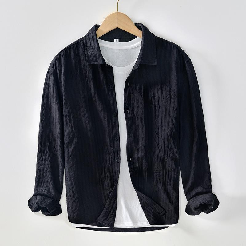 Klasická základní tenká pánská jednobarevná košile s límečkem, jednořadová, s dlouhým rukávem Všestranná košile