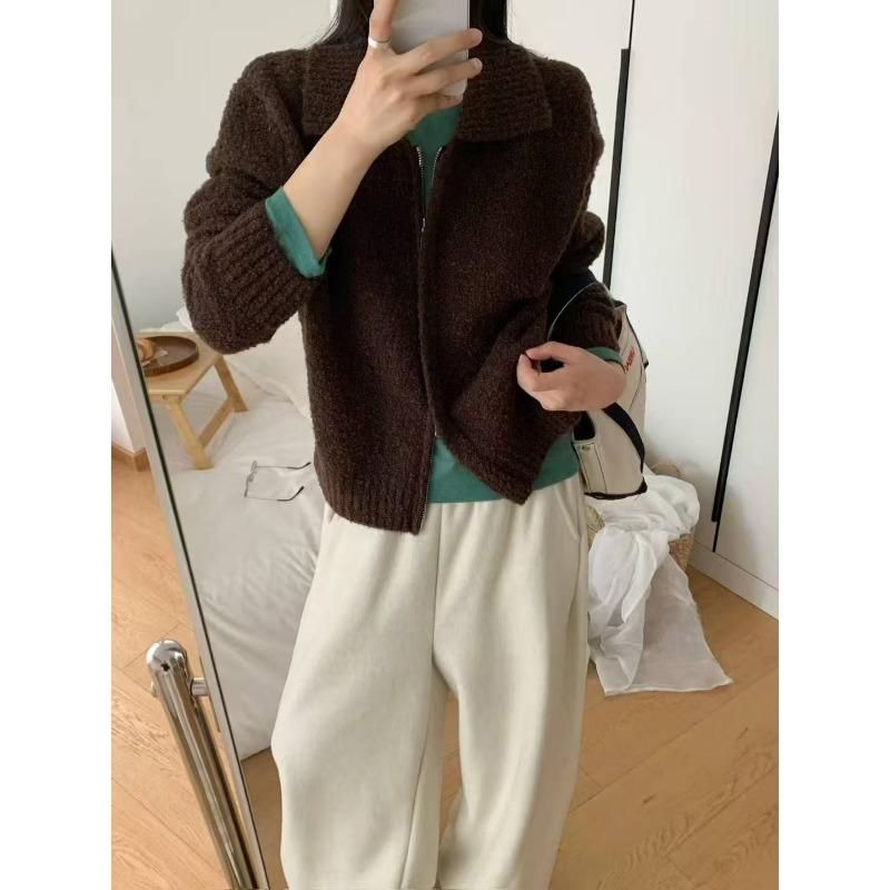 

Autumn and winter new polo collar double zipper casual temperament long sleeve knitted cardigan women s simple versatile cardigan One Size кофейный