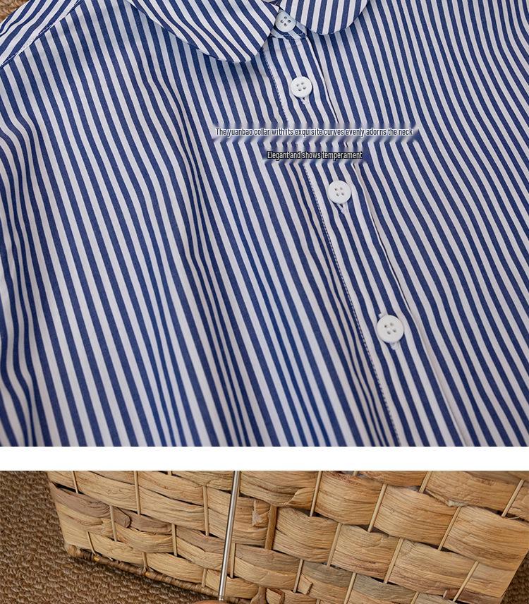 Women's Slimming Long Sleeve Cotton Shirt, Blue Striped, 100% High-Density Cotton.