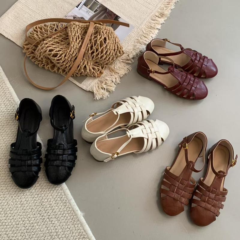 Fashion SUOJIALUN 2025 Autumn Women Flat Sandal Shoes New Brand Hollow Out Close Toe Ladies Dress Slingback Shoes Flat Heel Dress Slide