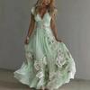 Summer Floral Maxi Dress for Women Short Sleeve V Neck A-line Swing Dress Floral Printed Beach Vacation Sundress