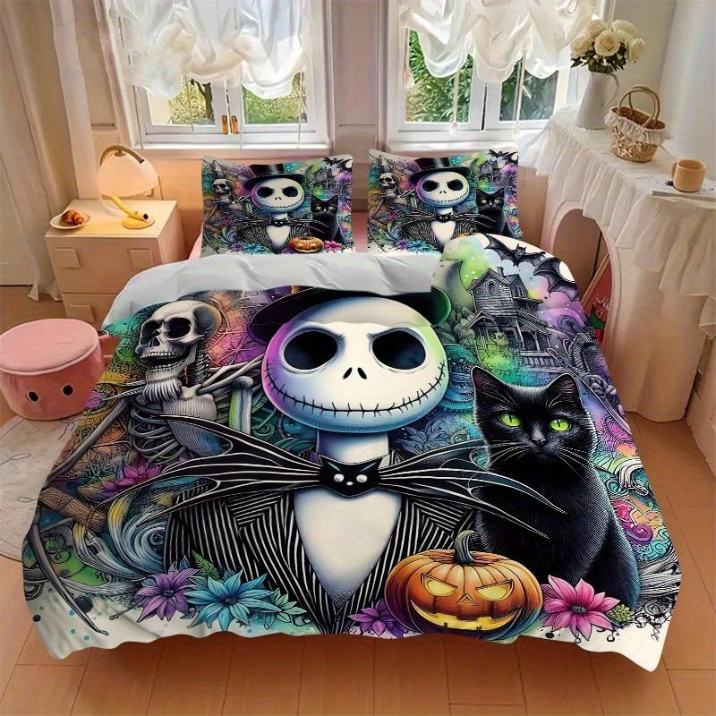 3pcs Halloween Nightmare Before Christmas Ideas Printed Quilt Set - Includes 1 Quilt Cover and 2 Pillowcases, Machine Washable - Suitable for All