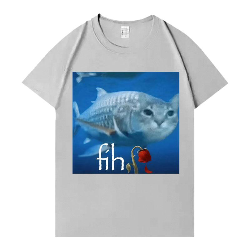 Lustiges Fisch- und Katzenmuster T-Shirt Damen Rundhals trendiges T-Shirt lässig und ästhetisch ansprechende Streetwear Persönlichkeit