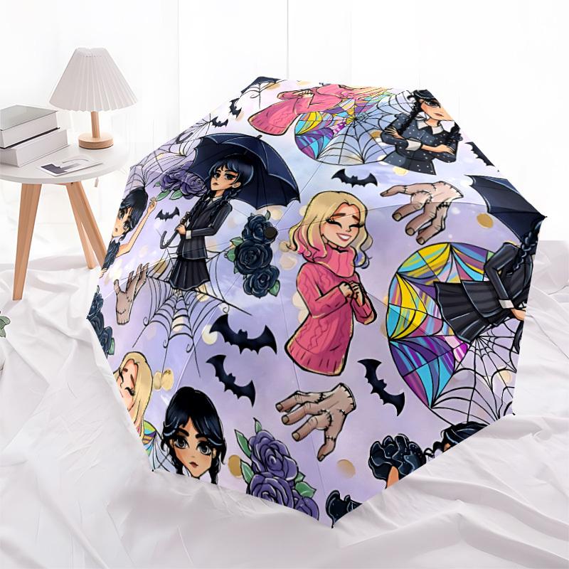 1pc Wednesday Halloween Characters Automatic Open/Close Folding Umbrella, Windproof 8 Rib Construction, Lightweight Travel Umbrella for Women/Men