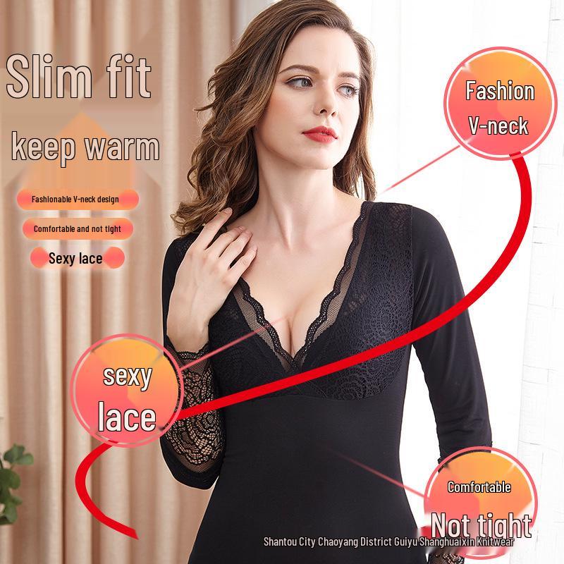 Dámský termální krajkový top s V-výstřihem, úzkého střihu, v korejském stylu, s fleecovou podšívkou