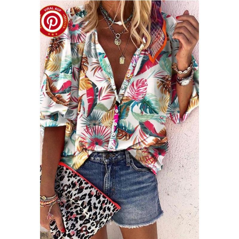 Summer Fashion Stand Up Collar Loose Button Retro Printed Casual Seven Inch Sleeves Women's Blouses & Shirts