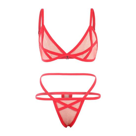 2 Pcs/Set Bra Panties Set See-through Mesh Hollow Out Solid Color Elastic Strap Decor Thin High Waist Wedding Night Honeymoon Underwear Set