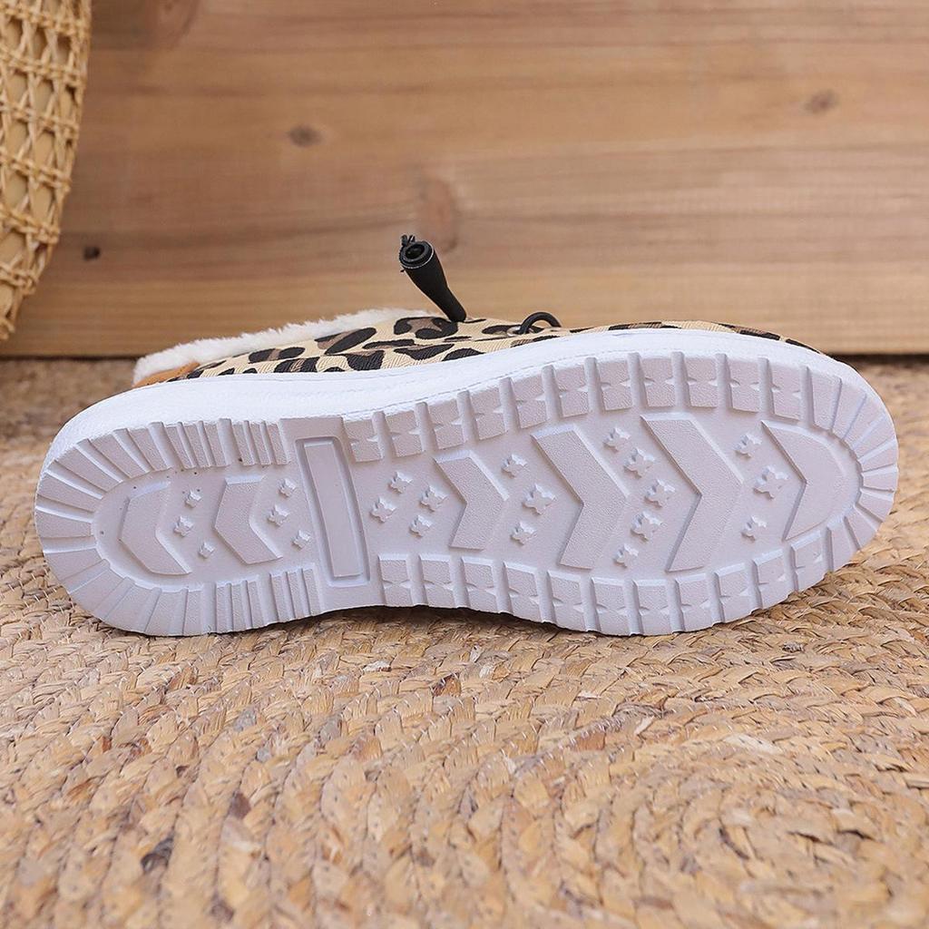 Women's Leopard Print Slip-On Snow Boots - Cotton, Plush, Flat Bottom, Large Sizes (Autumn/Winter)