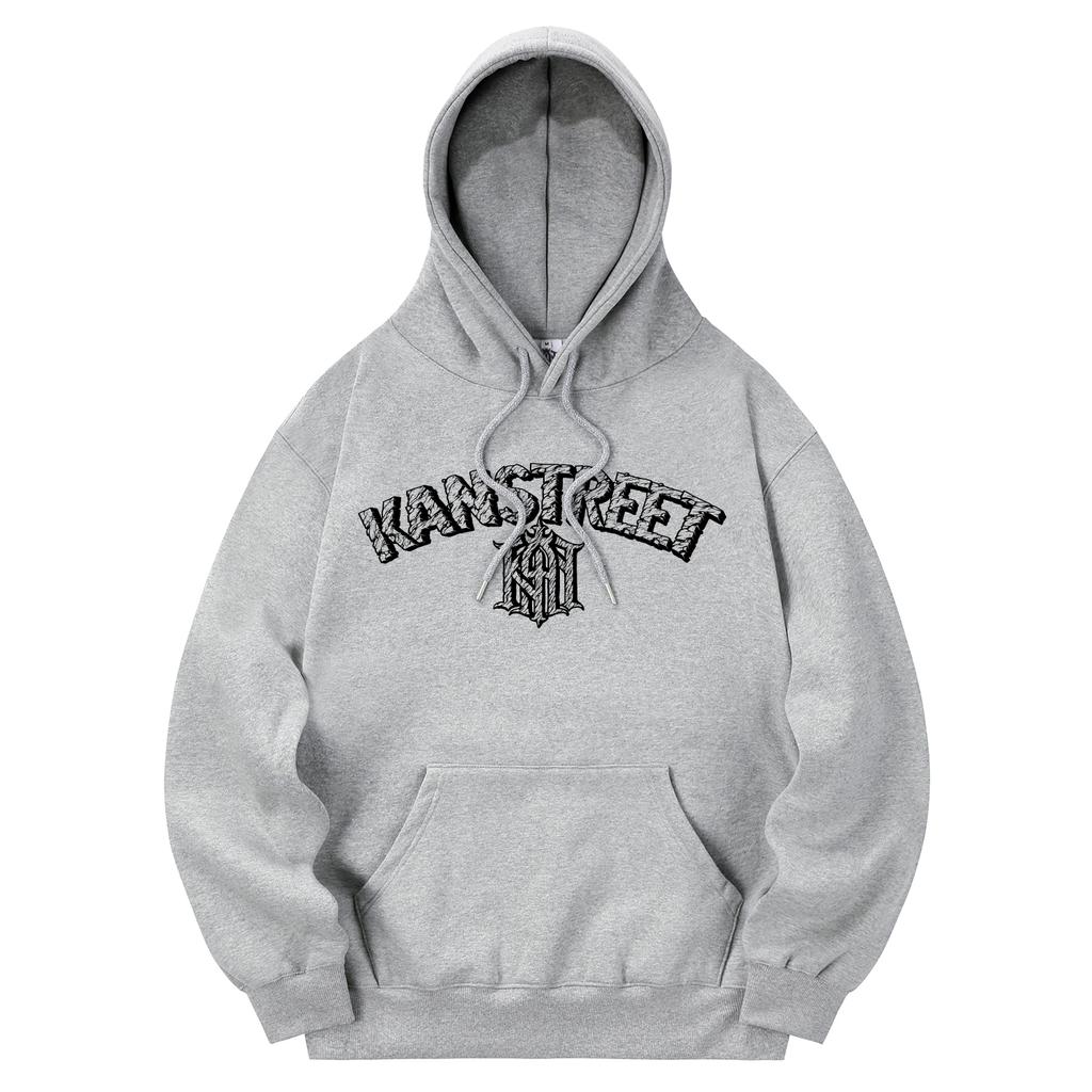 Kmg0174 Lettering Old Khan Fleece-Lined Hoodie Gray