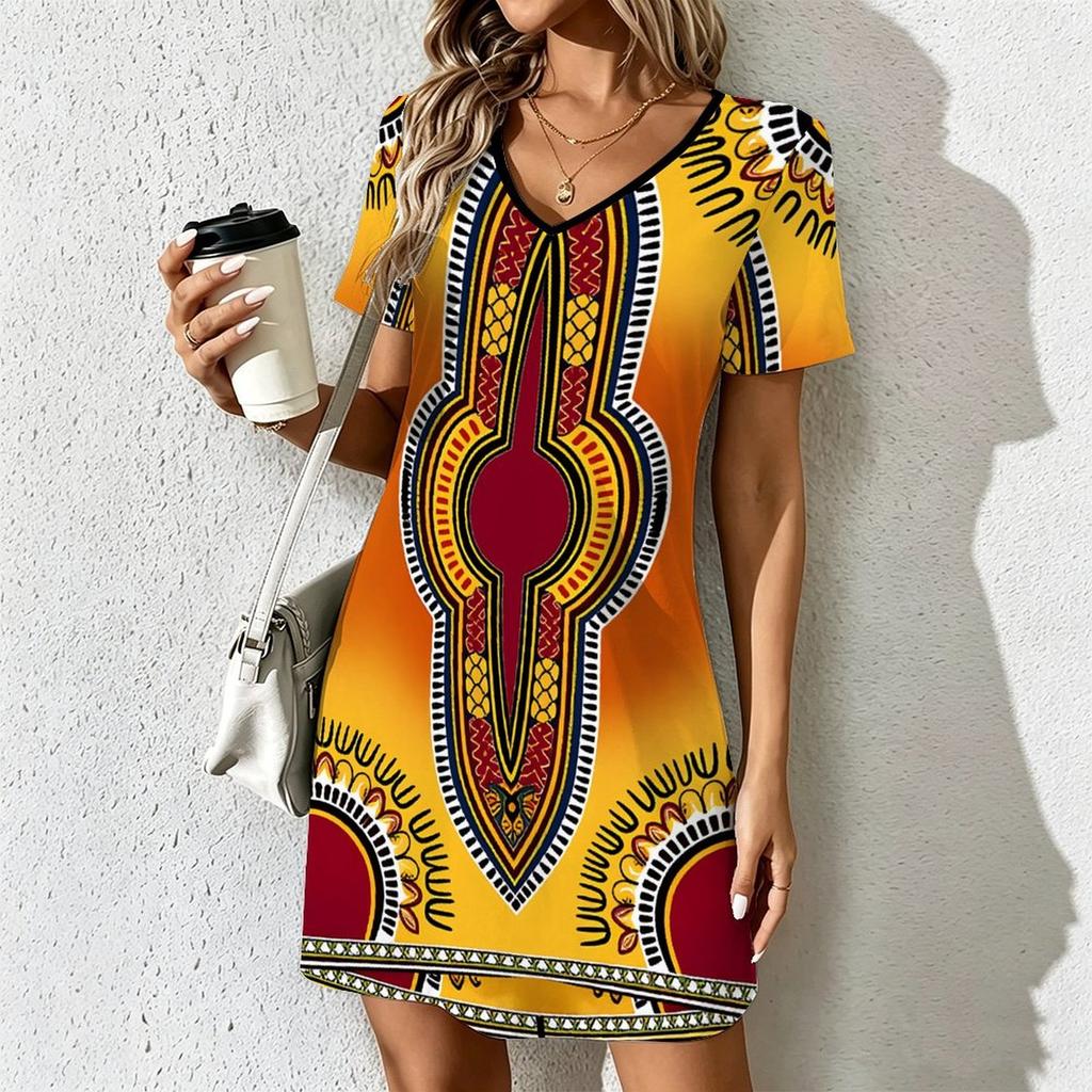 Summer Fashion Women's V Neck Short Sleeve Retro Geometric Pattern Printed Dress Sex Short Skirt Dresses