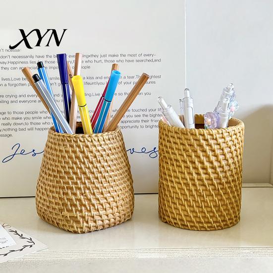 Makeup Brush Holder Faux Rattan Pen Holder, Woven Style Boho Pencil Storage Box Desktop Organizer, Multi-functional Resin Cup for Home Office