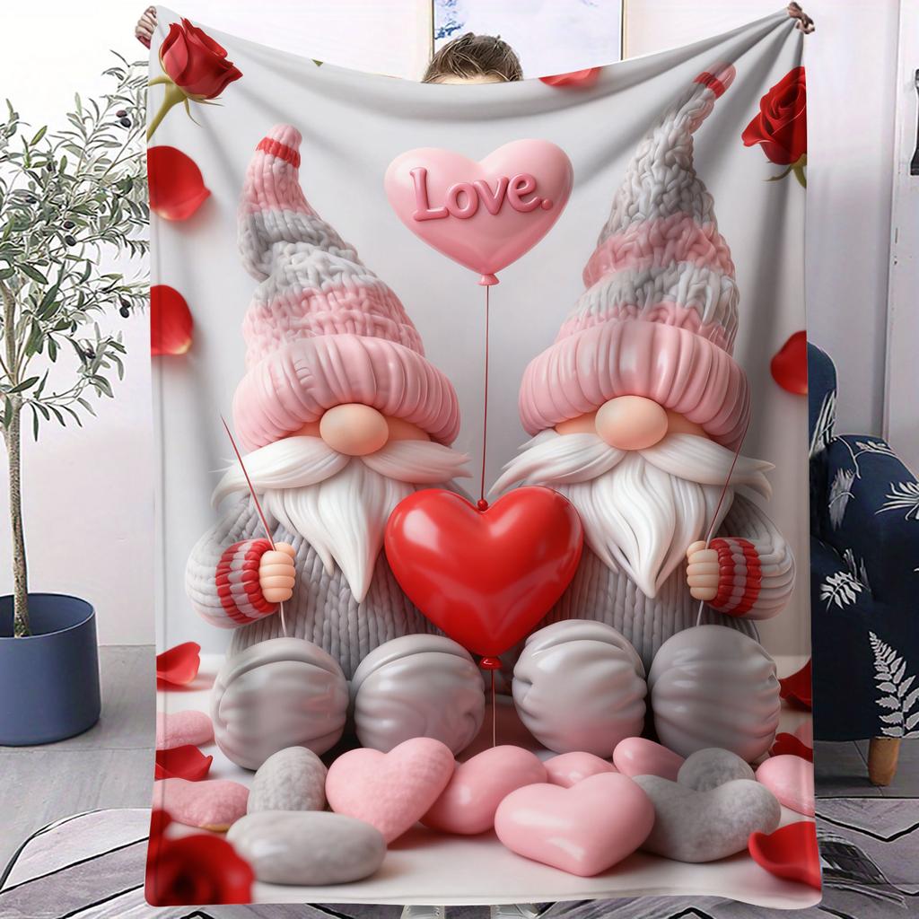 Cute Gnome Couple Flannel Blanket Heart Pattern Warm Throw Lightweight Cozy Cover for Living Room Christmas Valentine's Day Gift
