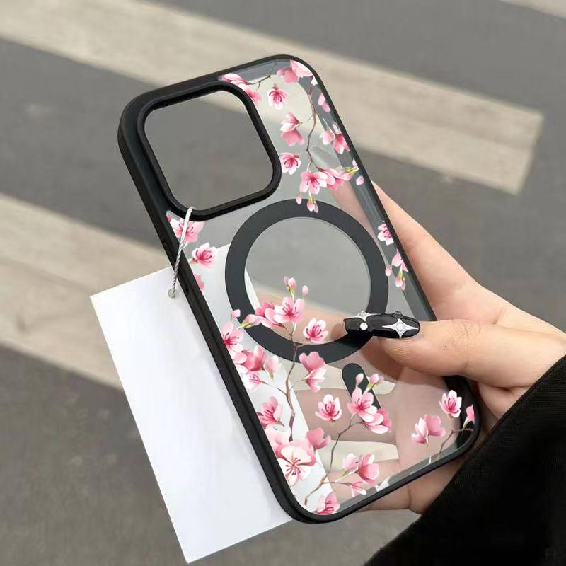 Pink Cherry Elegant Floral Background Design Magnetic Phone Case For iPhone 17 16 15 14 13 12 Pro Max 11 16 Plus 16E 17Air Cover