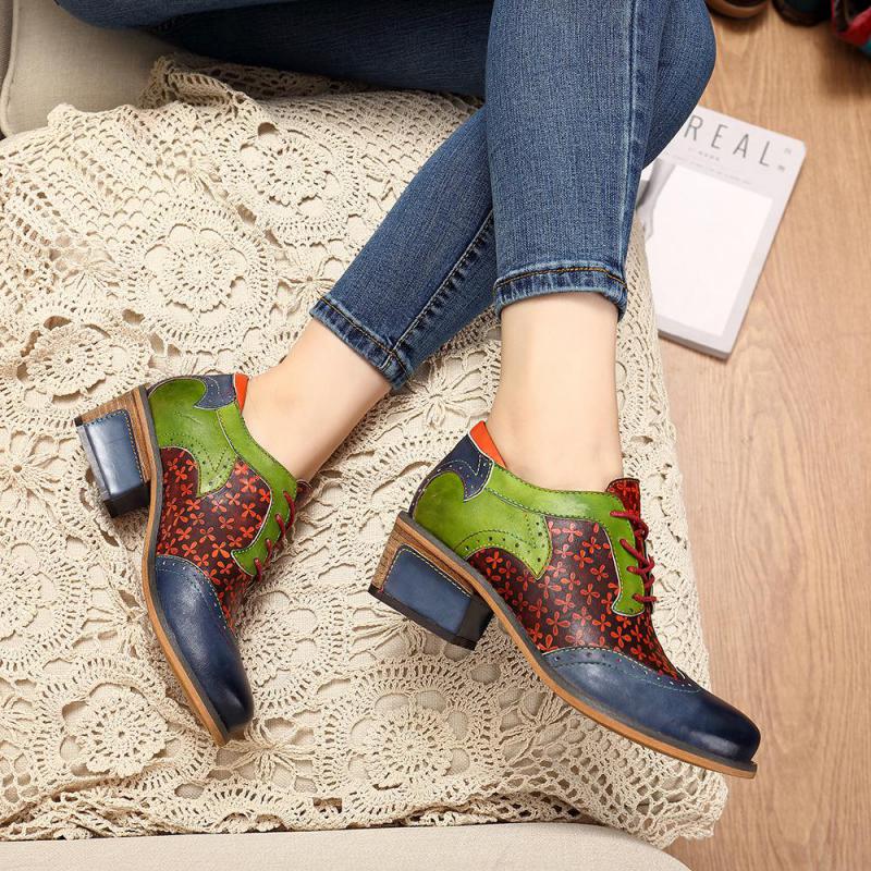 Johnature Pumps Women Shoes Spring Genuine Leather Round Toe Lace-up Mixed Colors Ethnic Casual Sewing Ladies Shoes