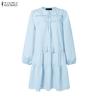 ZANZEA Womens Tassel Tie Neck Long Sleeve Crochet Lace Trim Mini Dress Casual Sundress