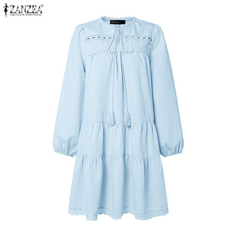 ZANZEA Womens Tassel Tie Neck Long Sleeve Crochet Lace Trim Mini Dress Casual Sundress