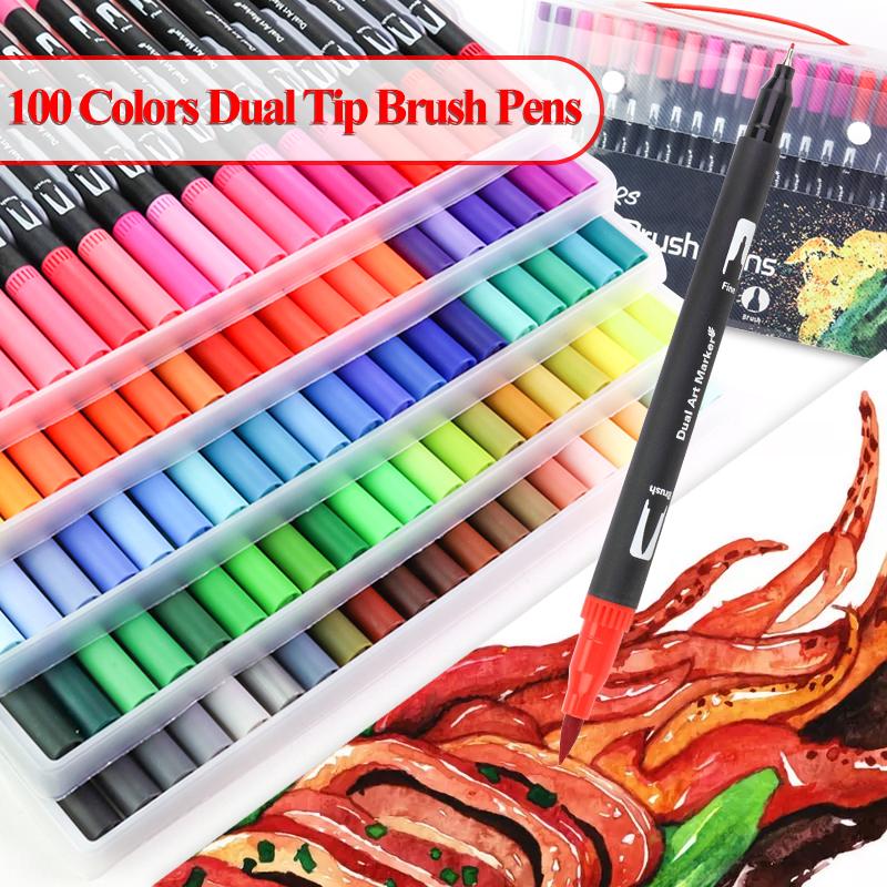 100 Colors Dual Tip Brush Art Markers Pens Fine Tip and Brush Watercolor Pens For Drawing Painting Calligraphy Art Supplies