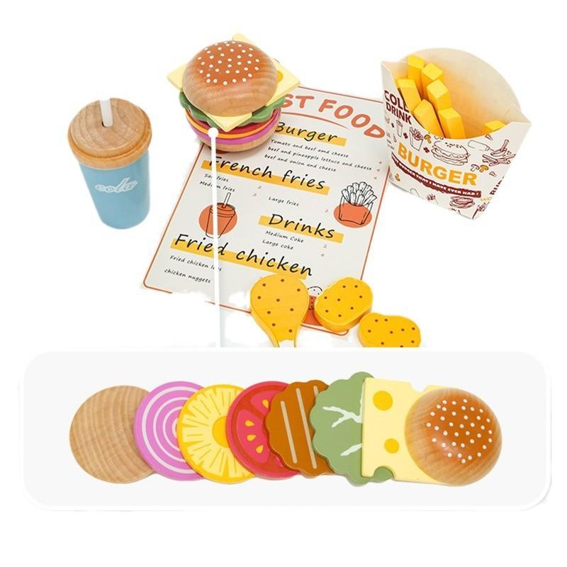 Simulation Fun Wooden Burger French Fries Beverage Kid Toy Set For Role Paly