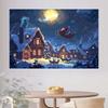Santa Claus Sled Village Christmas Background with Moon  Snow  and Reindeer - Polyester  No Power Required